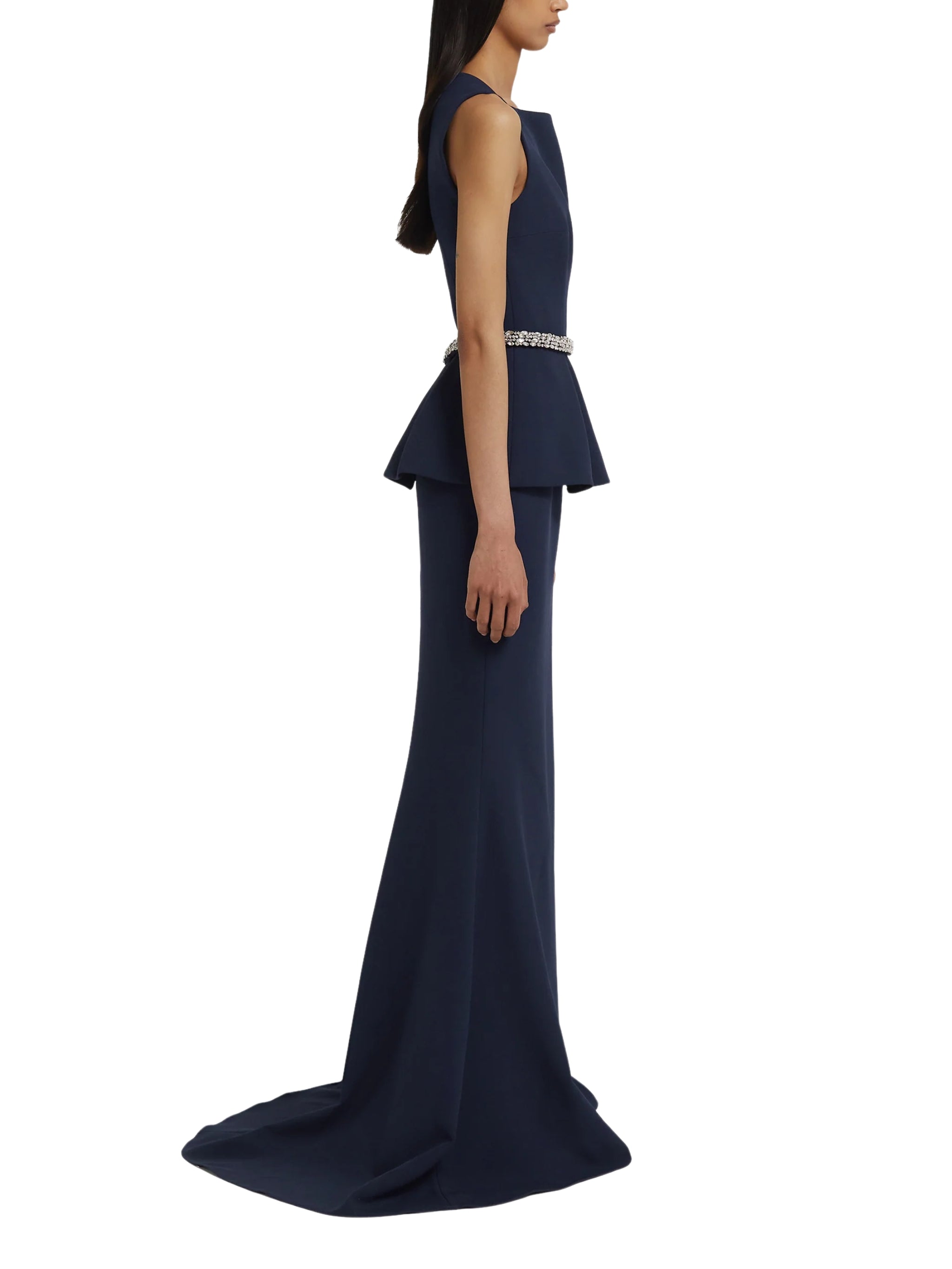 Sleeveless high boatneck gown with flared peplum