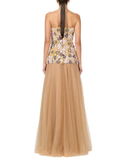Embroidered & beaded floral lace gown w. tulle