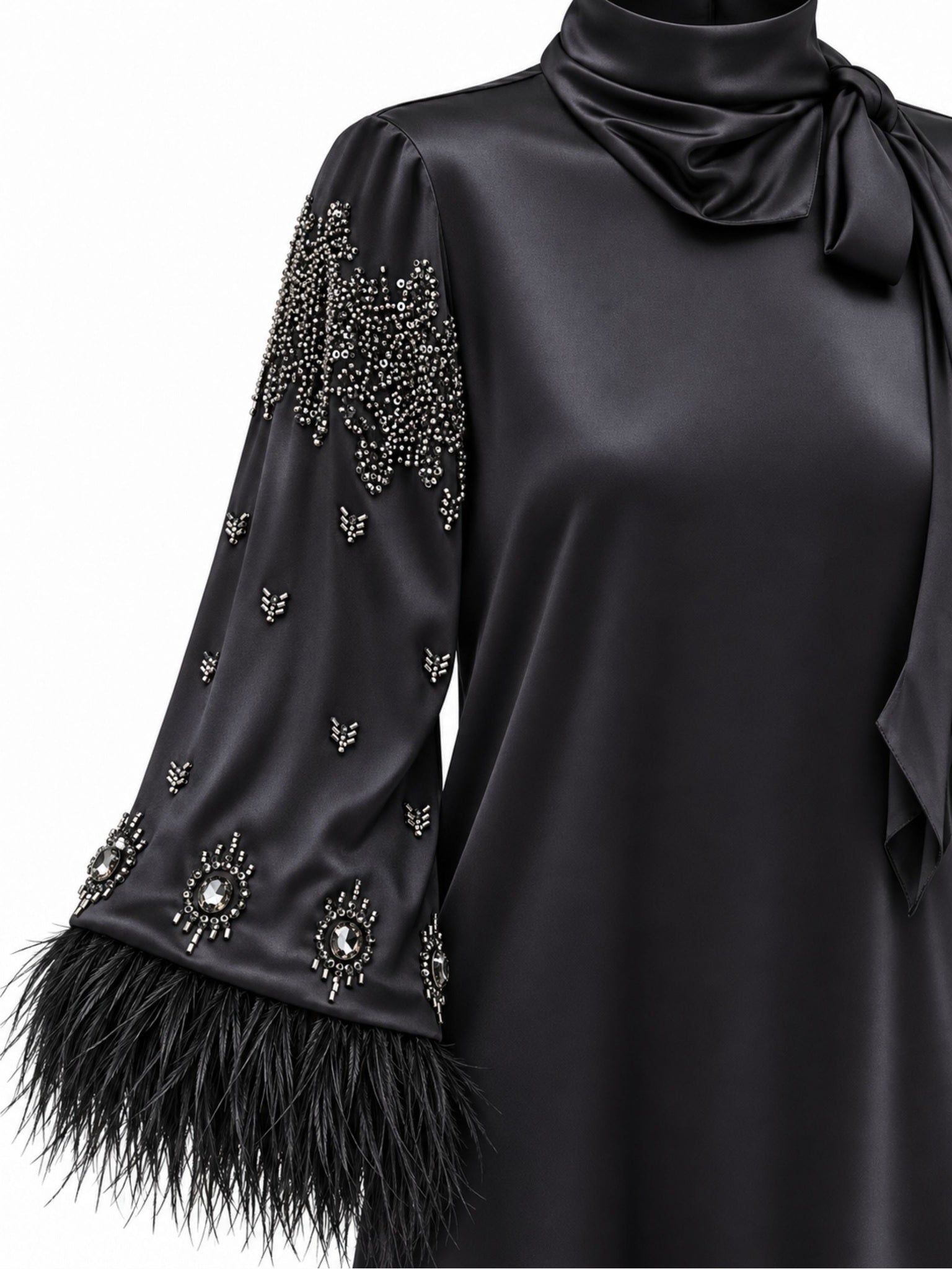 Embroidered and Feather Detailed Satin Blouse