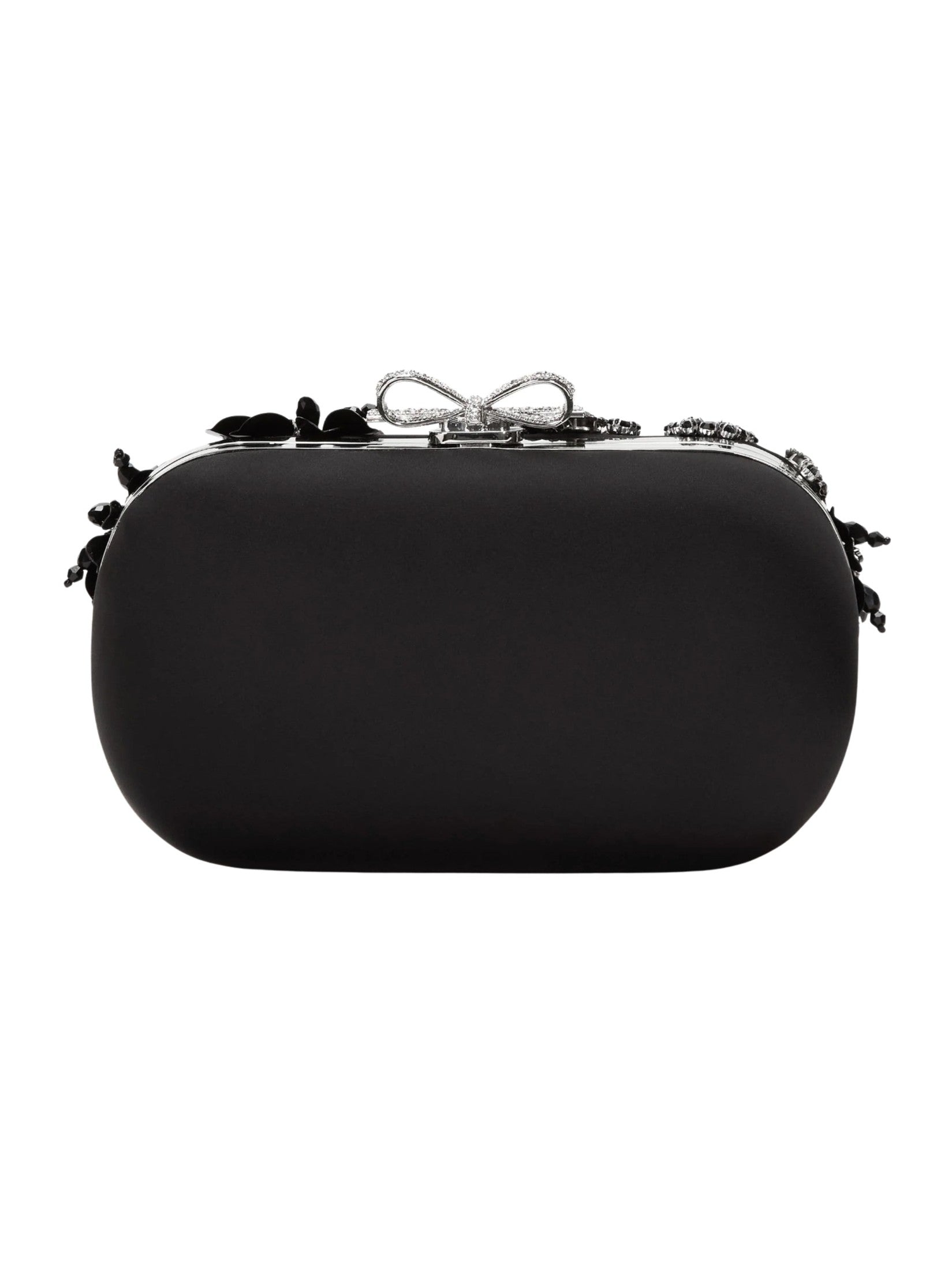 Black satin floral crystal clutch bag
