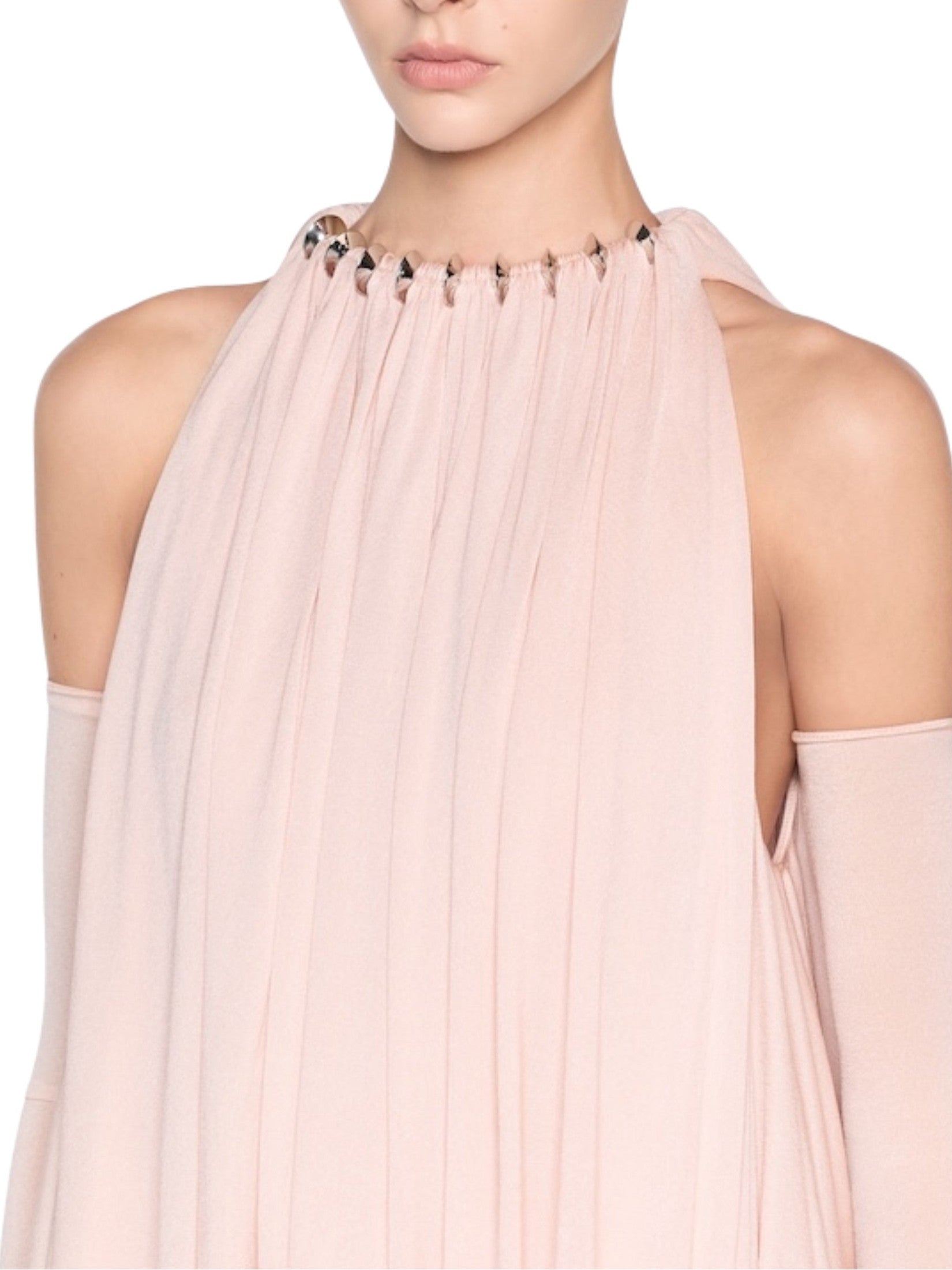 Long voluminous dress featuring a two-layer draped bodice accented with premium metal hardware details