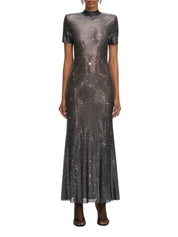 GUNMETAL RHINESTONE MESH MIDI DRESS