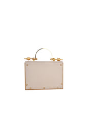 Mahogany cowhide in cream. gold plated brass hardware and alcantara interior with a detachable chain.  h: 12  cm w: 16.4 cm d: 5 cm