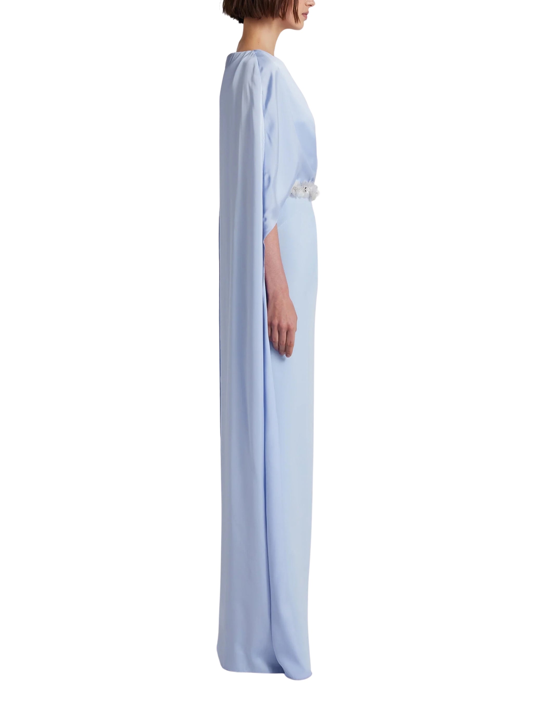 Column gown with deep pleats and elegant cape