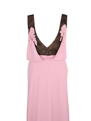 Crepe plunge gown w. chantilly lace & flower app.
