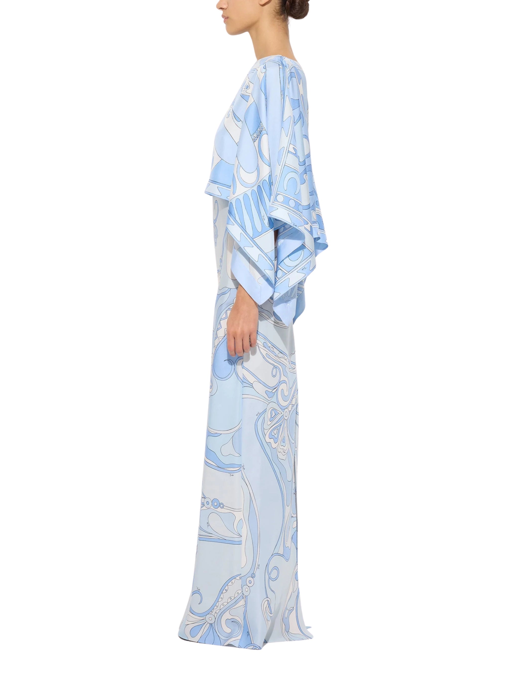 Orchidee and soleil print silk dress with cape