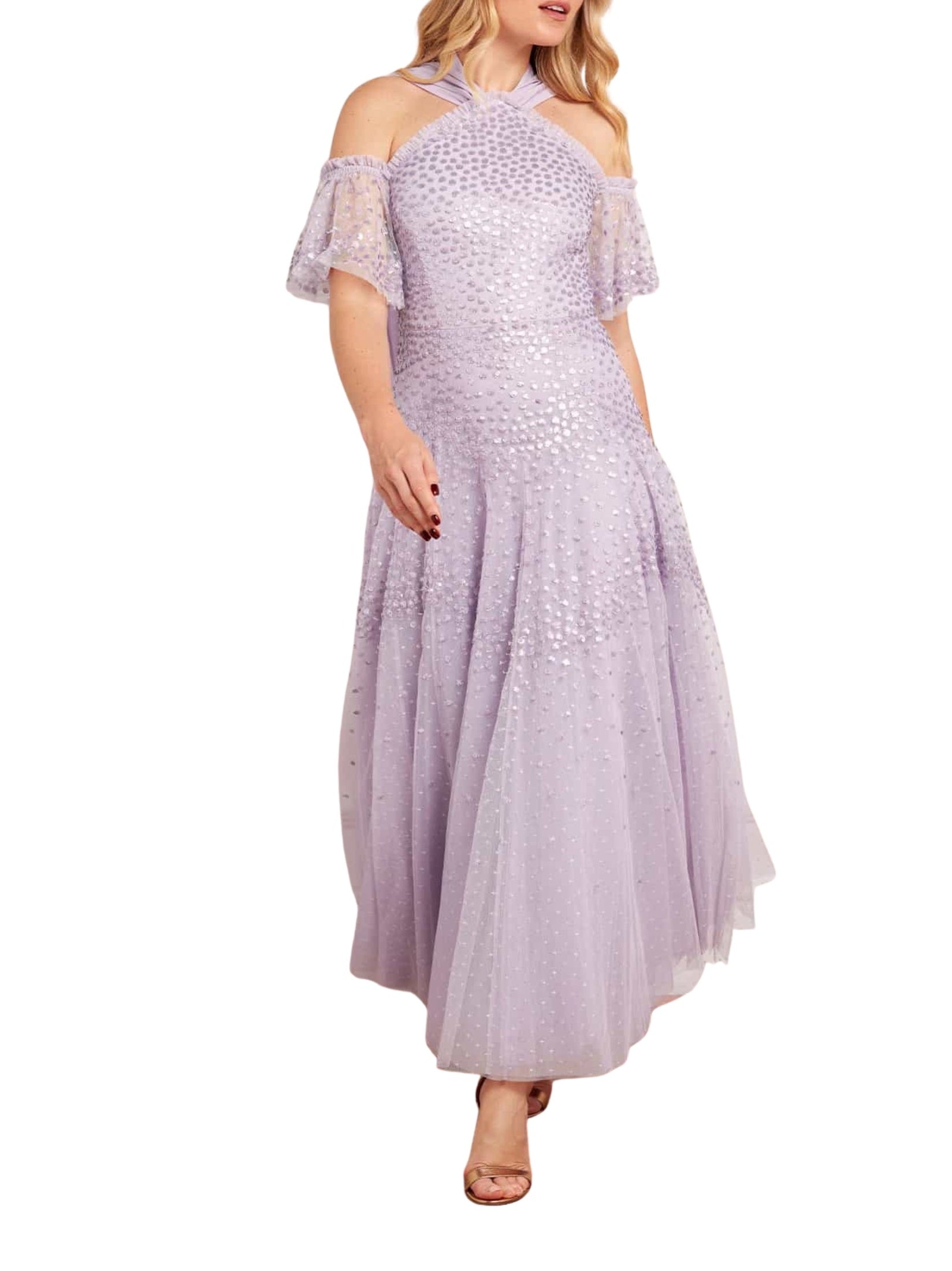Scallop sequin halter-neck ankle gown