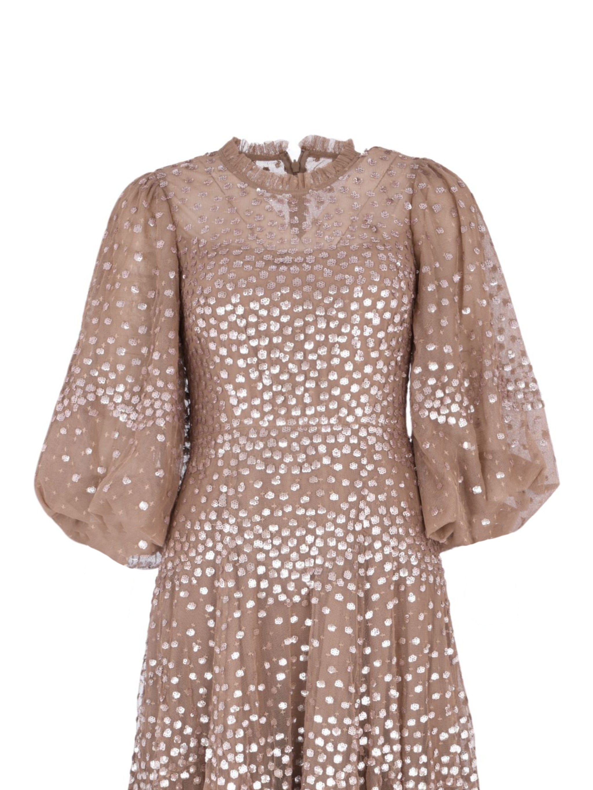 SCALLOP SEQUIN ROUND NECK ANKLE GOWN