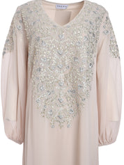 LONG SLEEVES JALABIYA WITH SILVER METALLIC FLORAL EMBROIDERY