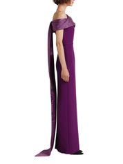 Asymmetric gown with contrast bust detail and sash
