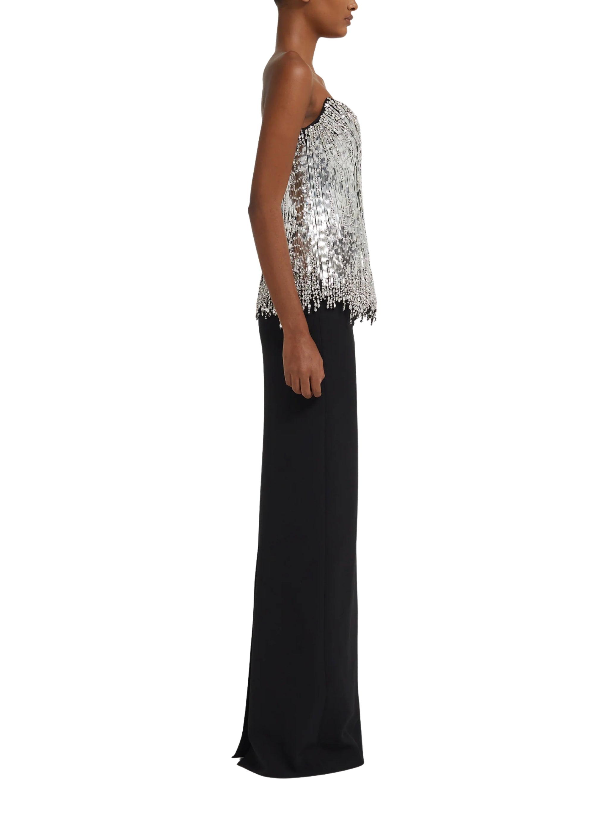 Column gown with striking corset-style bustier