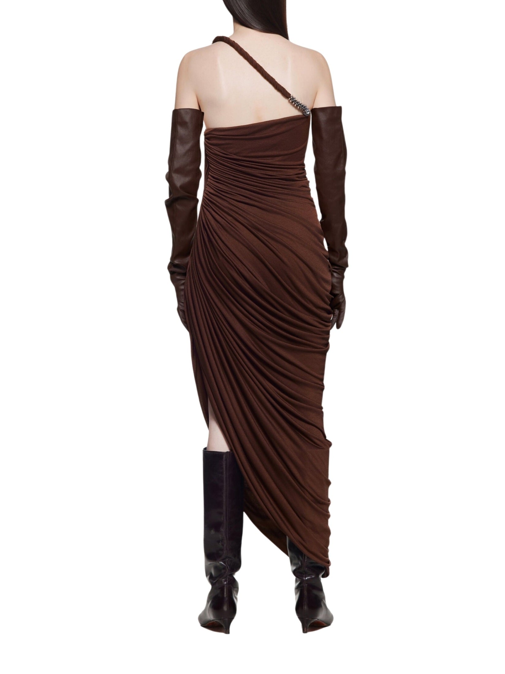 One-shoulder dress with asymmetrical waterfall draping and signature