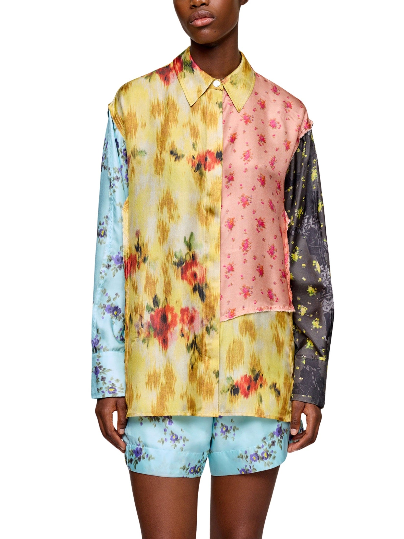 Multi printed silk twill long sleeve shirt