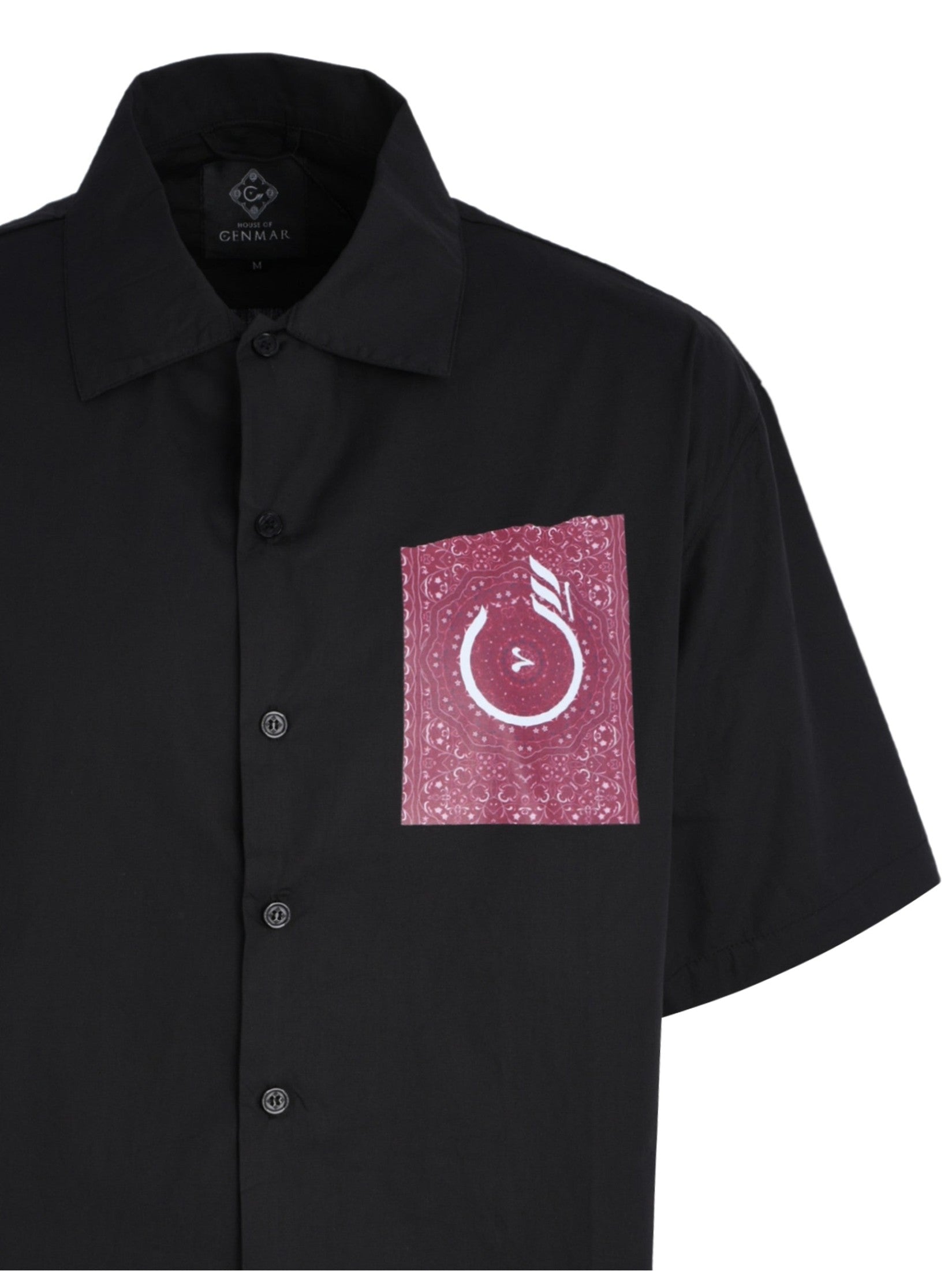 Cenmar black carpet artwork front print shirt.