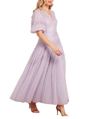 Scallop sequin v-neck ankle gown