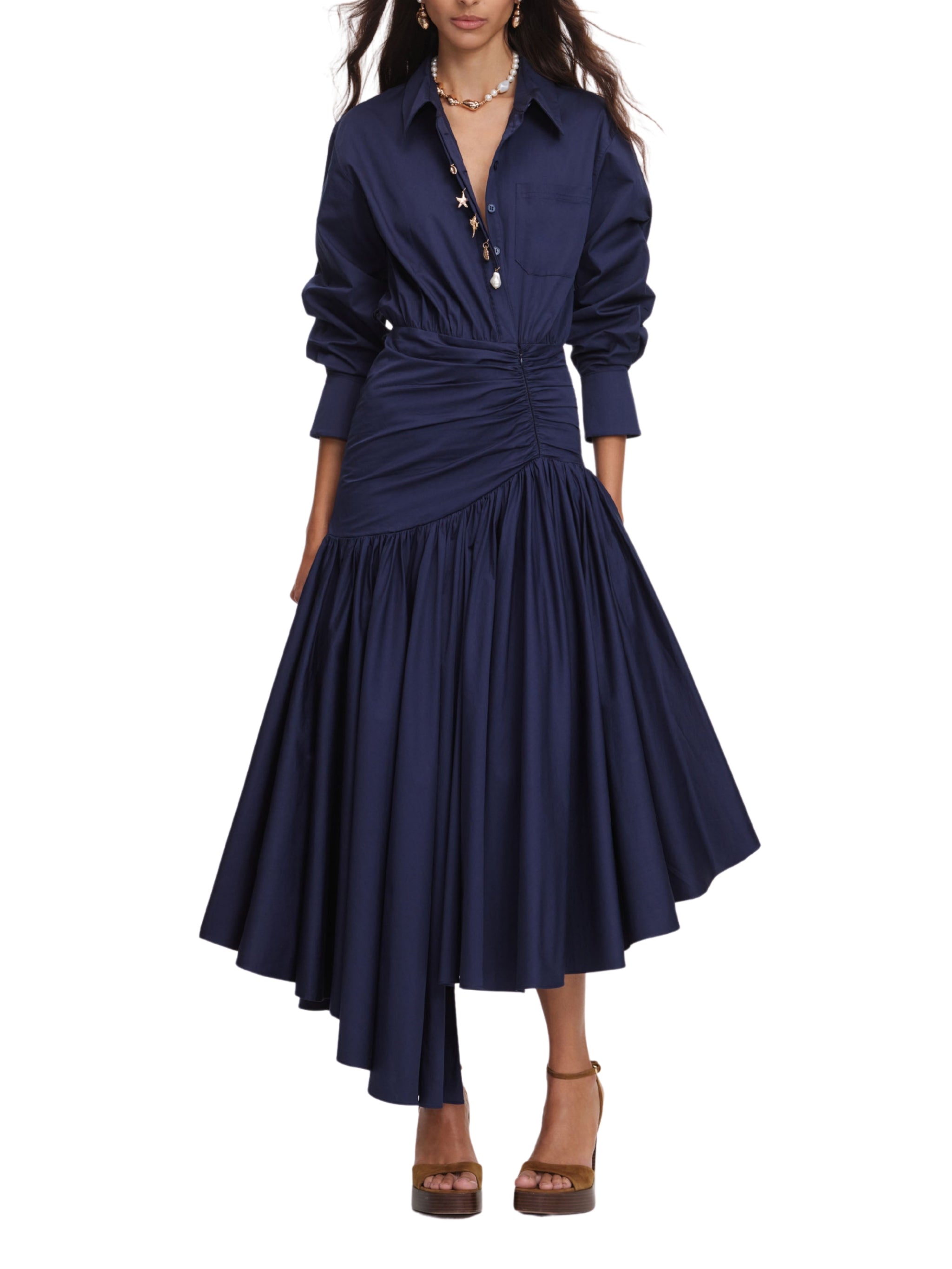 Navy cotton asymmetric midi dress