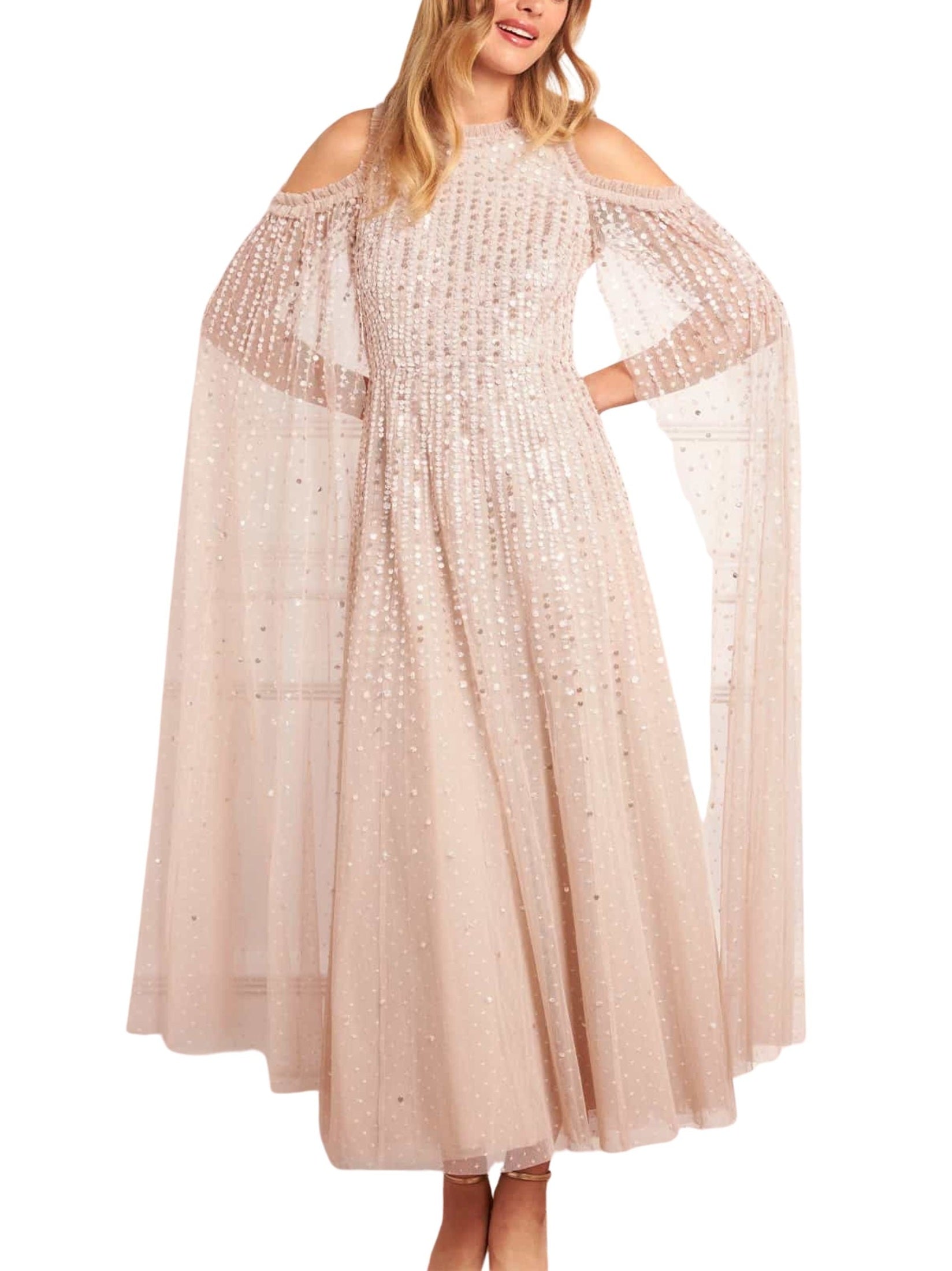 Moonlight sequin cape sleeve ankle gown