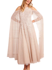 MOONLIGHT SEQUIN CAPE SLEEVE ANKLE GOWN