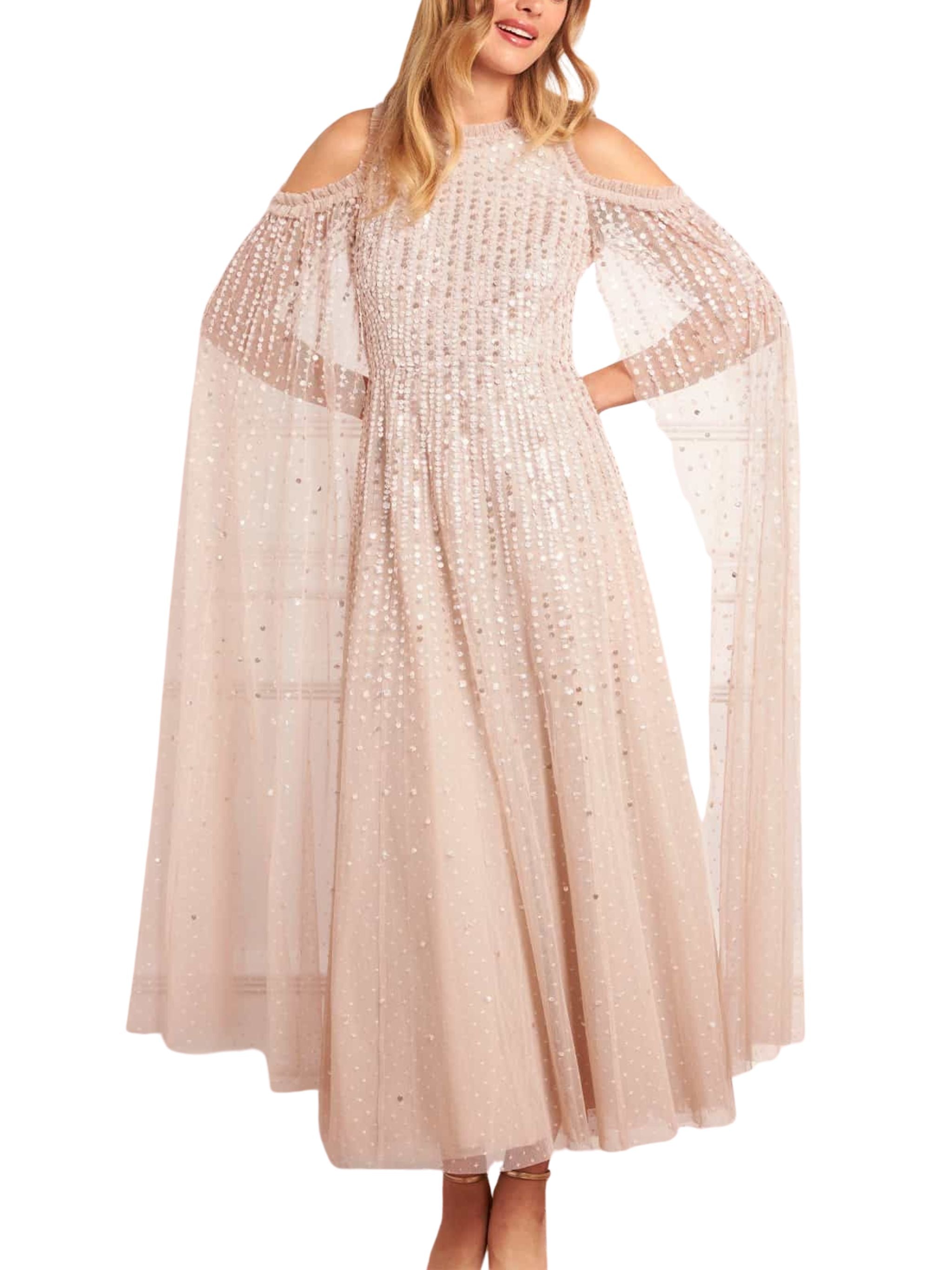 MOONLIGHT SEQUIN CAPE SLEEVE ANKLE GOWN