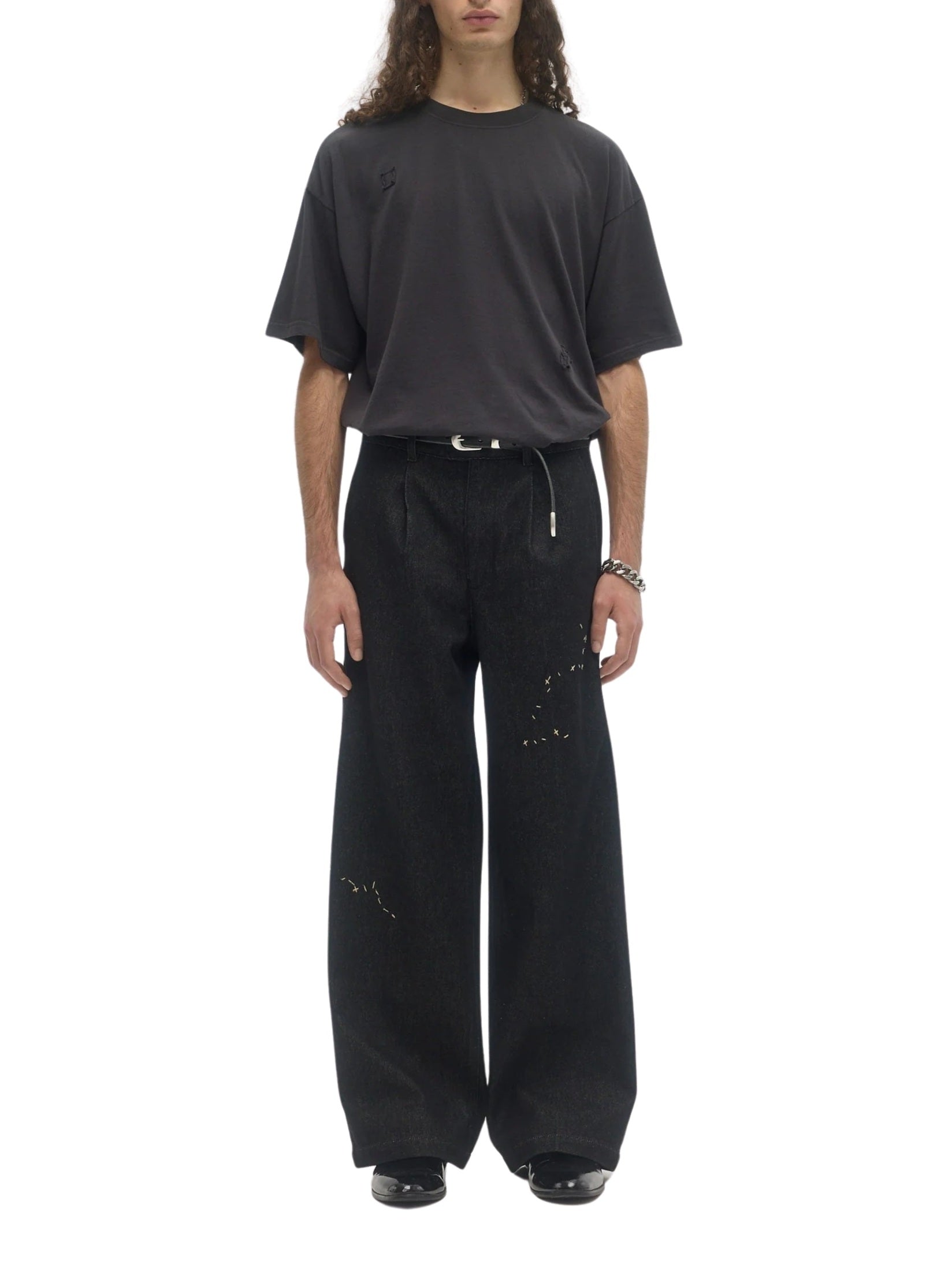 Lazy denim pleated trousers faded black