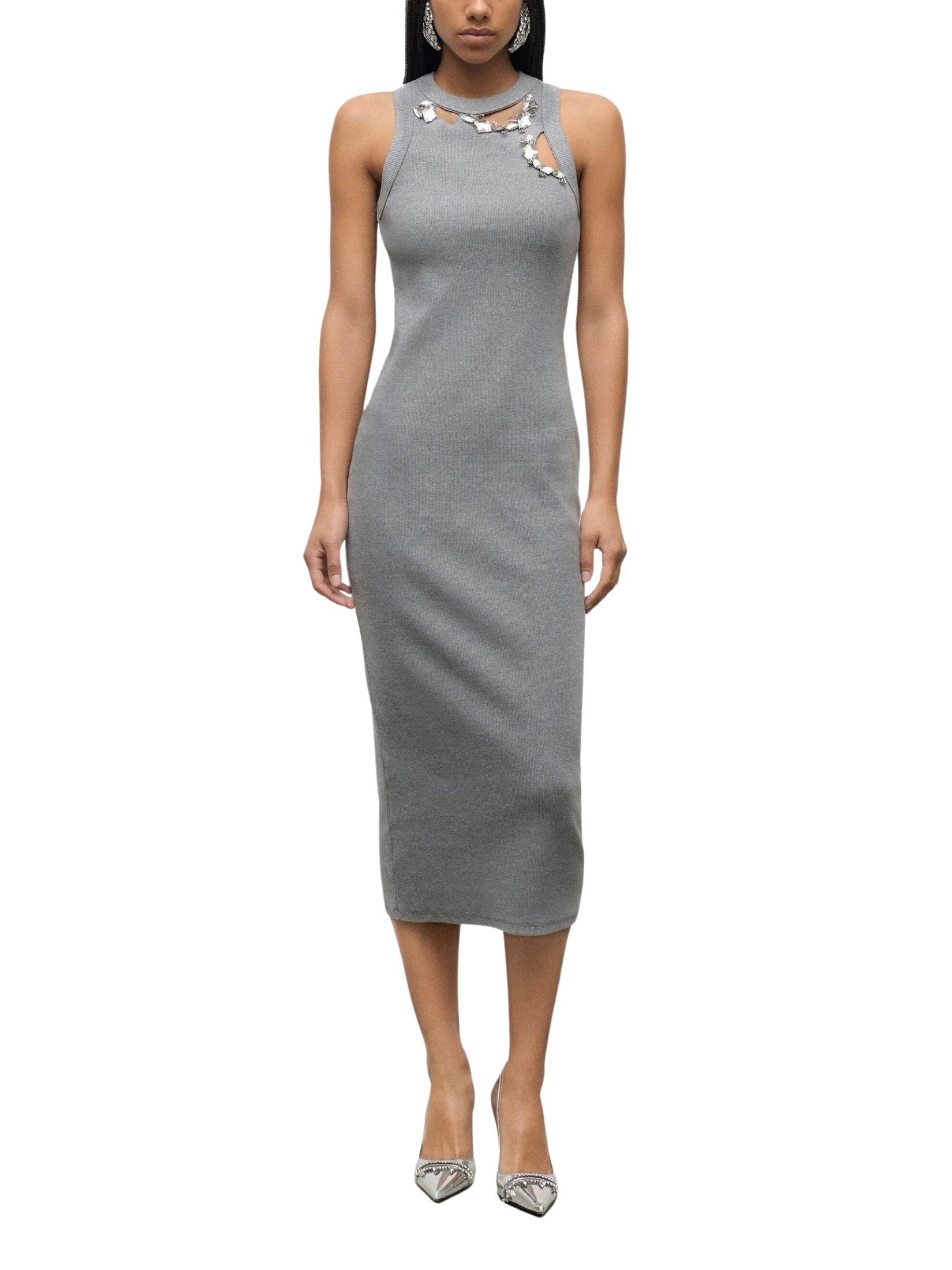 Distressed crystal ribbed knit midi tank dress