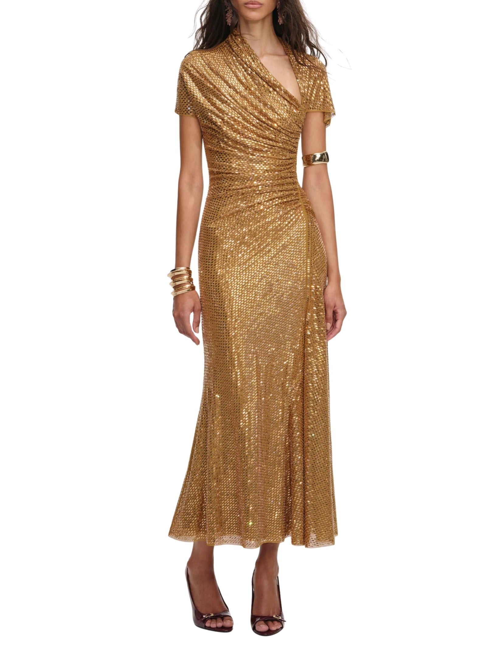 Gold rhinestone drape midi dress