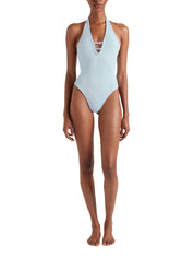 Adriana beaded swim - a metallic crinkle metallic ice blue