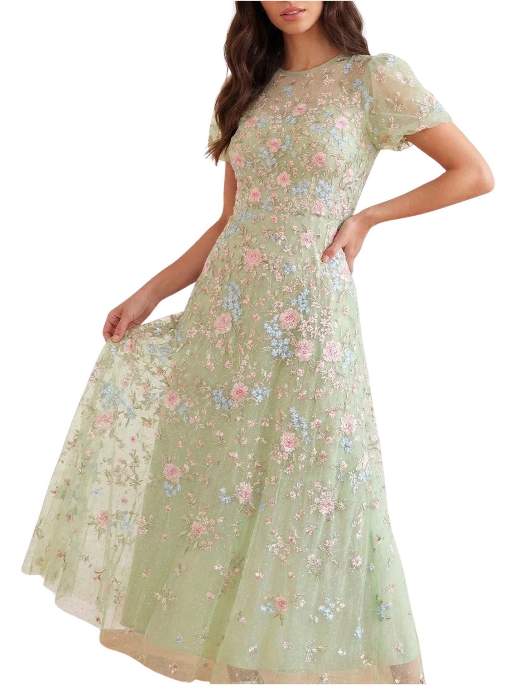 Peony bouquet round neck ankle gown