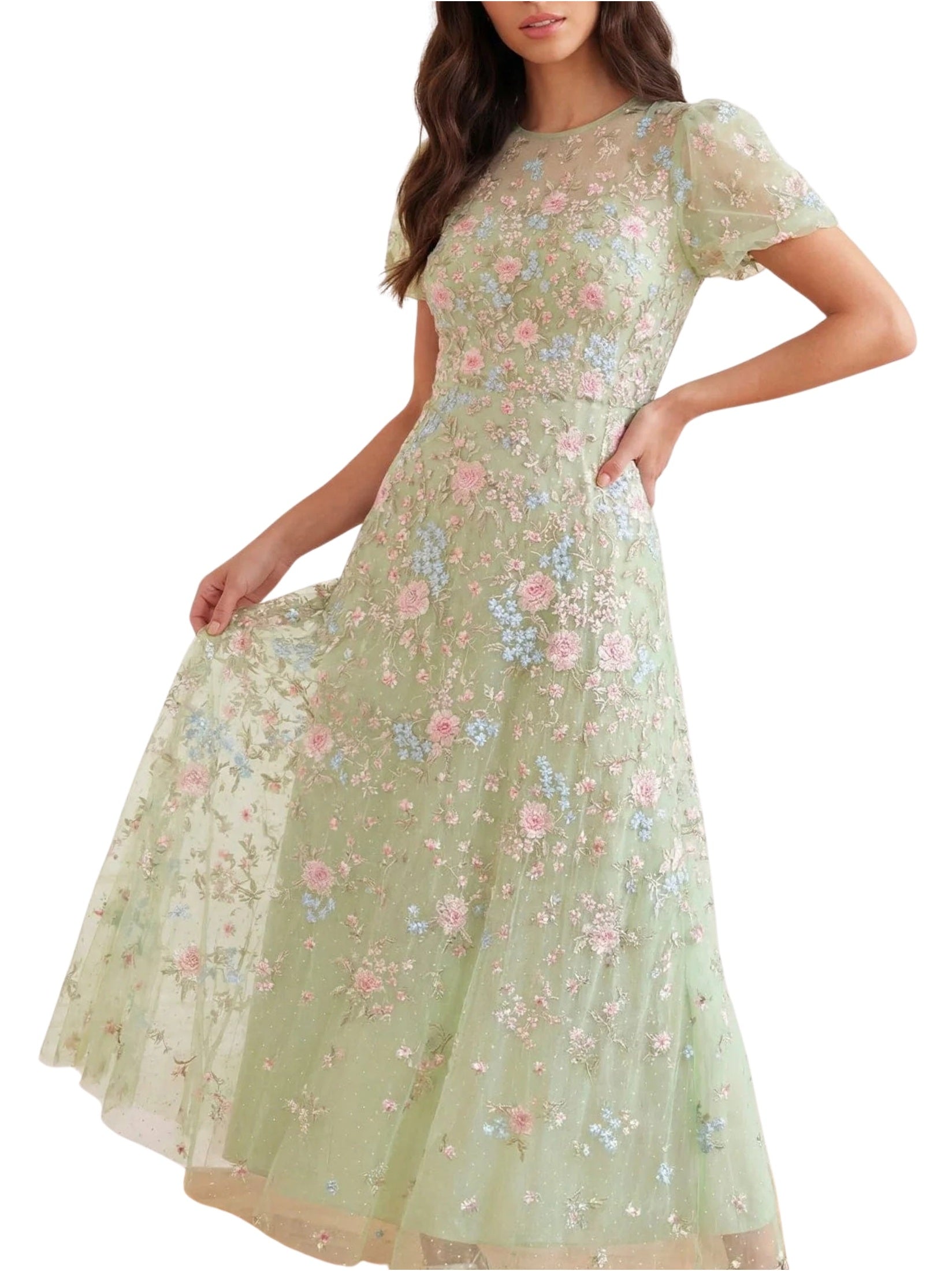 Peony bouquet round neck ankle gown