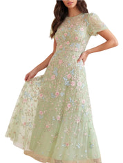 Peony bouquet round neck ankle gown
