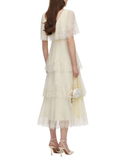 Yellow chiffon tiered midi dress