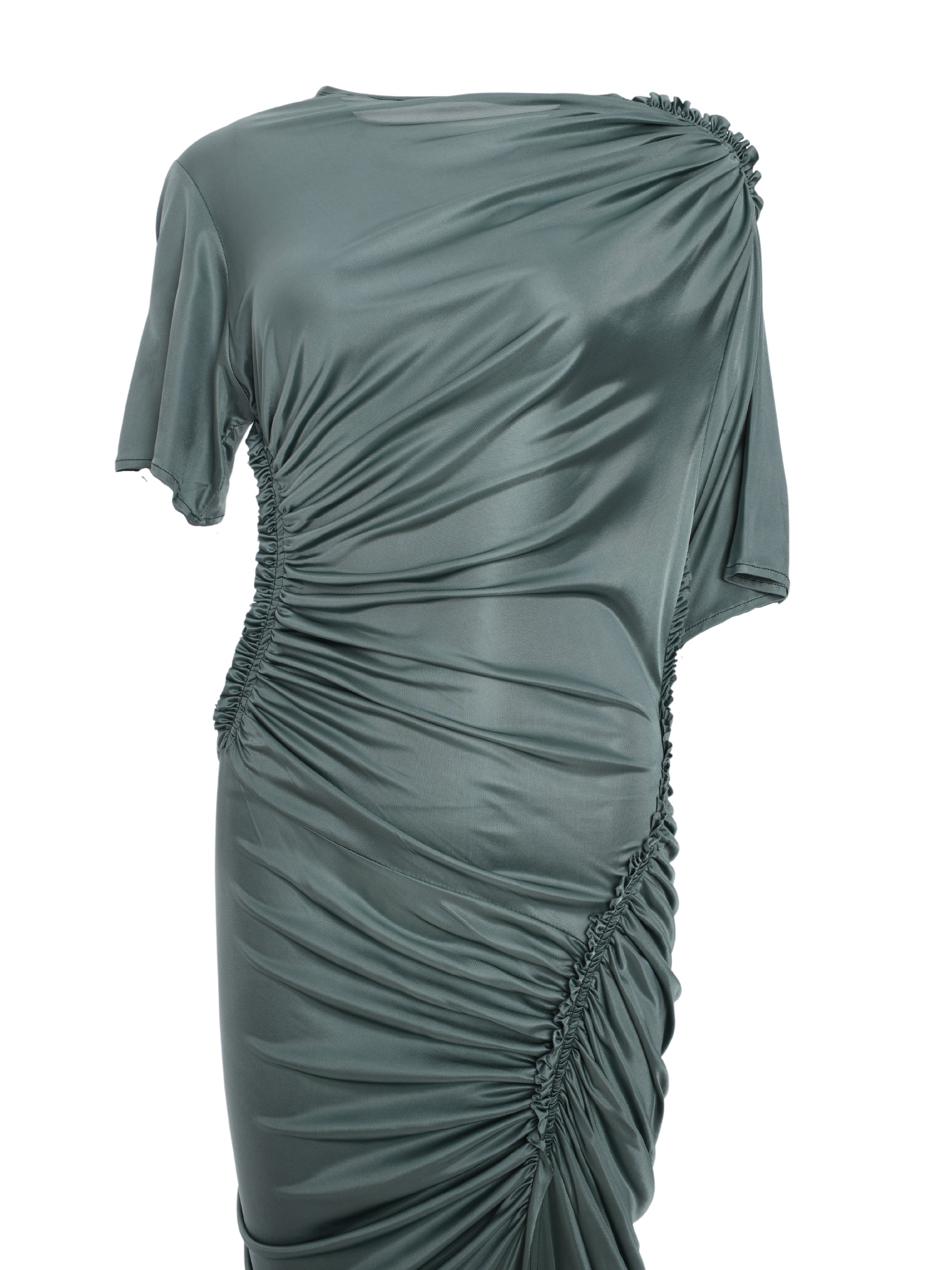 ASYMMETRIC RUCHED MIDI DRESS