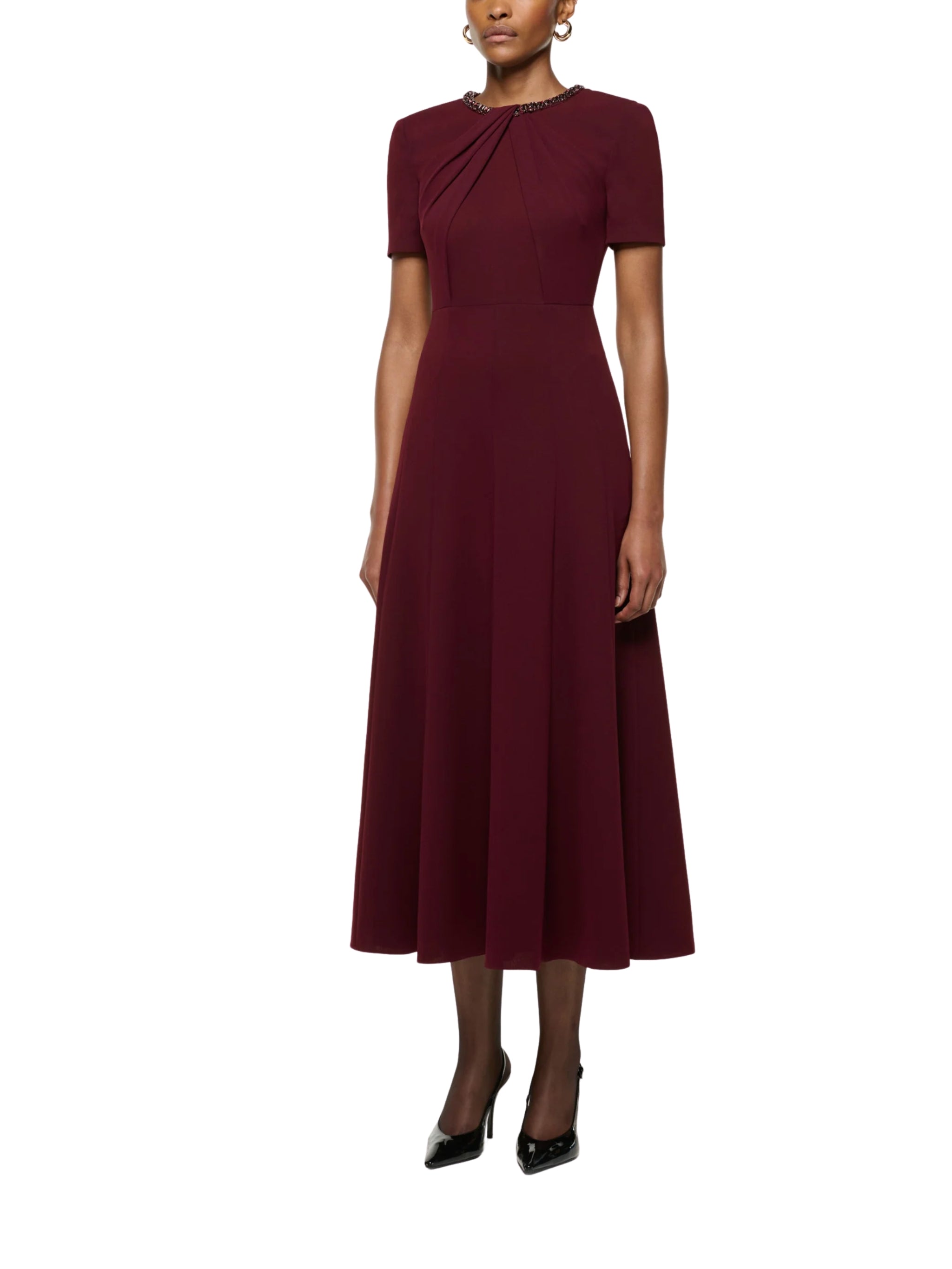 TWISTED DRAPE CRYSTAL TRIM NECKLINE DRESS