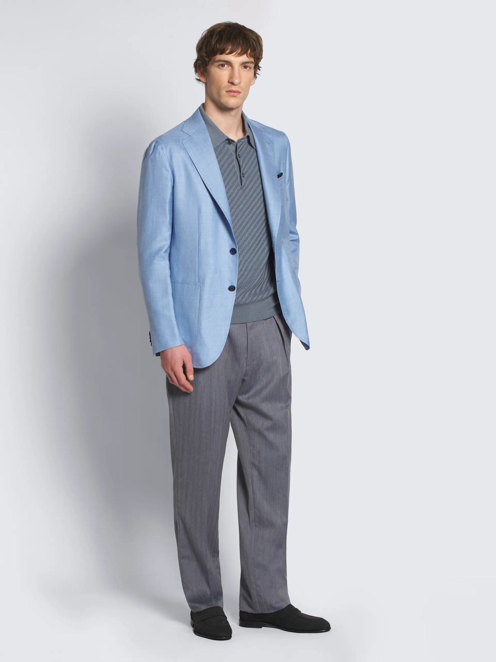 Steel blue cotton, silk and cashmere Trama weave polo