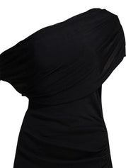 BLACK COTTON DRAPED KNIT MIDI DRESS