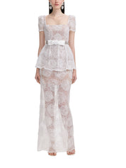 WHITE TULLE LACE MAXI DRESS