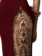 Strapless dress with side slit crystal embroidery