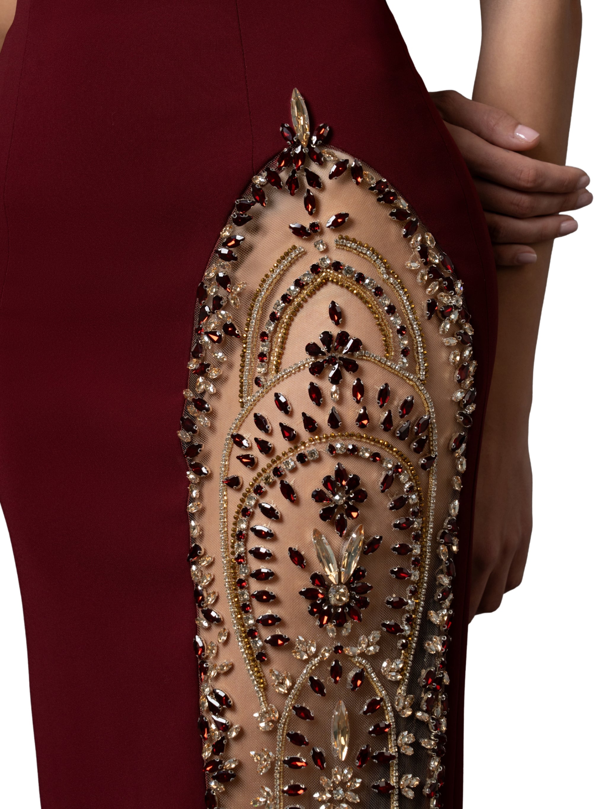 Strapless dress with side slit crystal embroidery