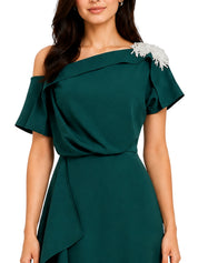 Green Hand-Embroidered Asymmetric Pleated-Sleeve Dress