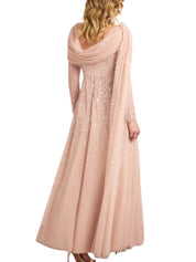 Moonlight sequin draped long sleeve gown