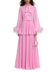 Pink georgette feather cuff maxi dress