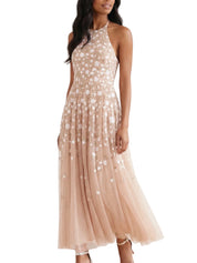 Trailing roses halter-neck ankle gown