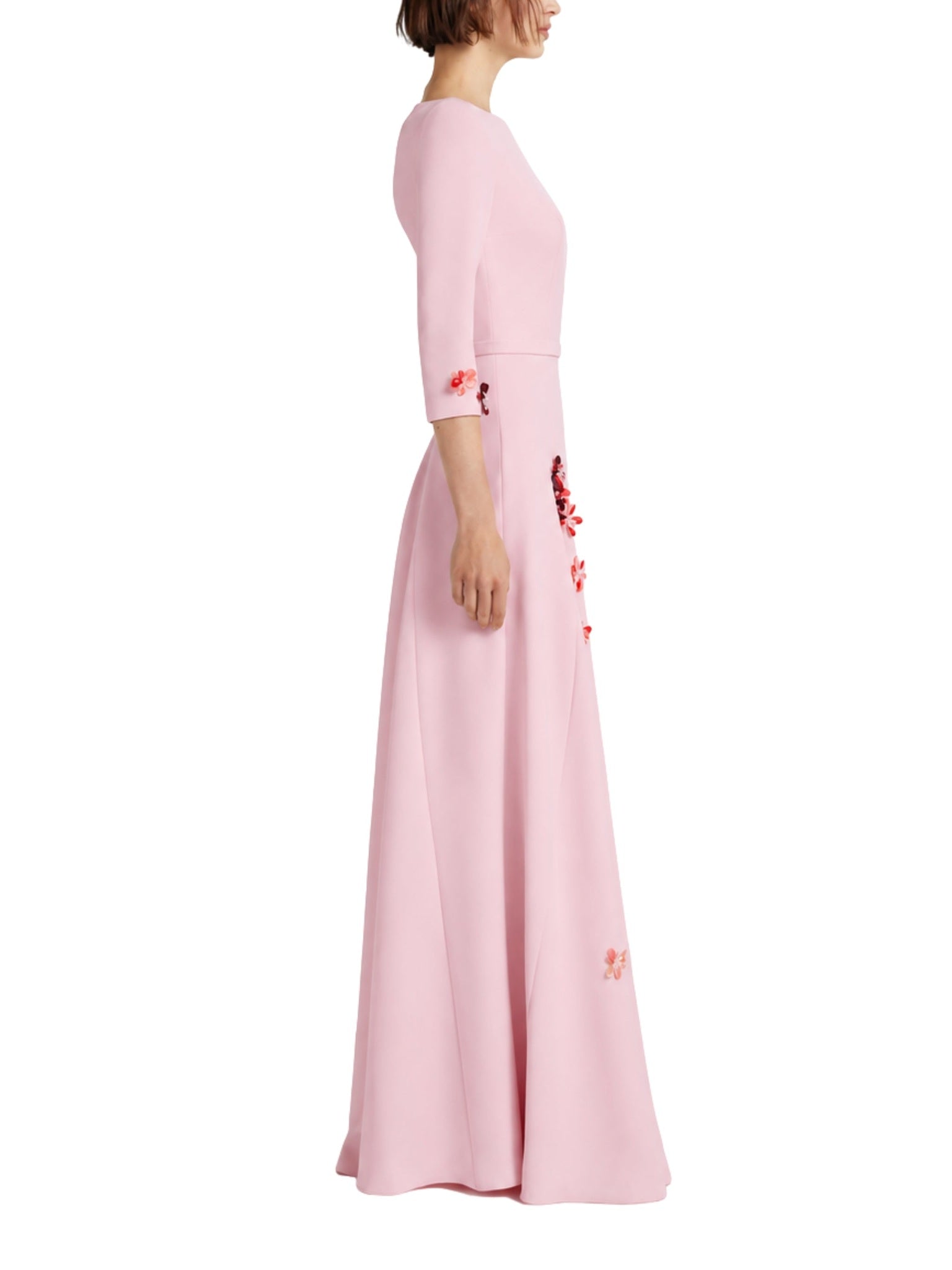 Sharp boat neck gown with asymmetric godets