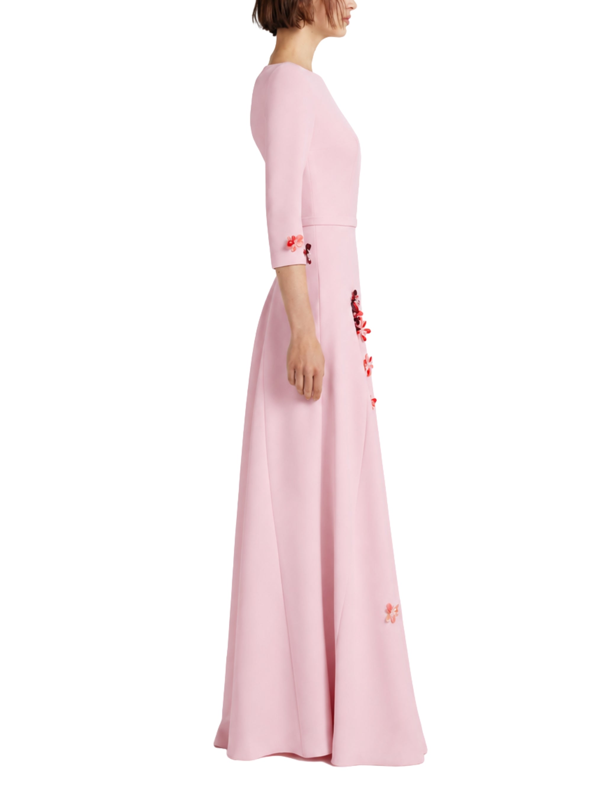 Sharp boat neck gown with asymmetric godets