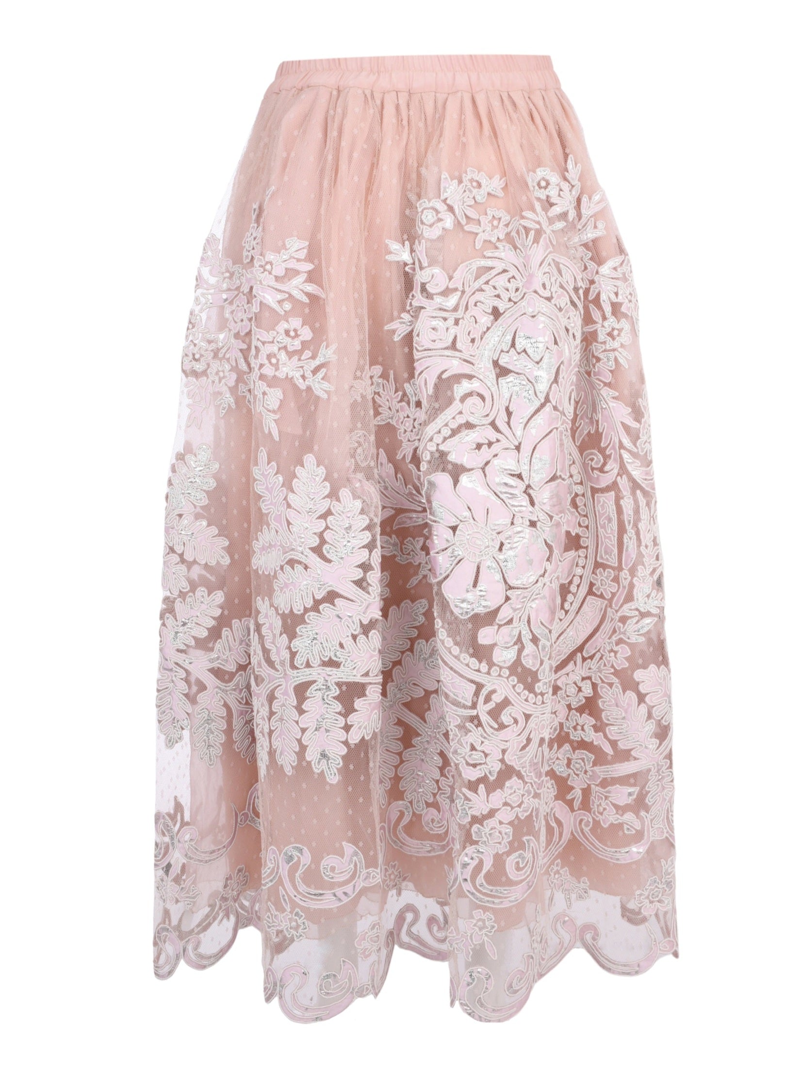 Mabel full elastic waistband tulle gathered mid length skirt with cord lame embroidery applique