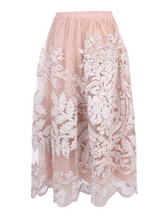 Mabel full elastic waistband tulle gathered mid length skirt with cord lame embroidery applique
