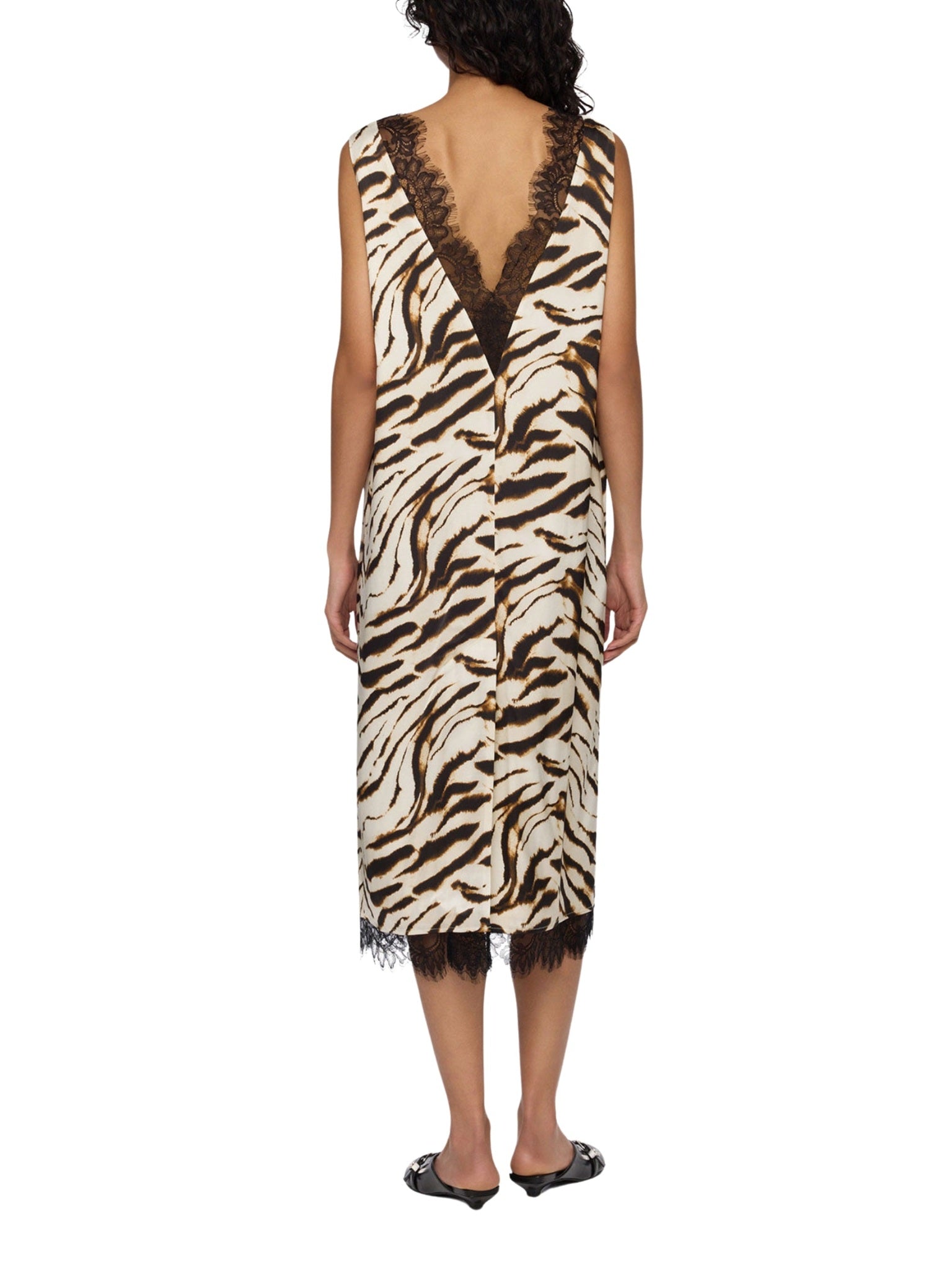 Printed stretch satin v-neck midi dress