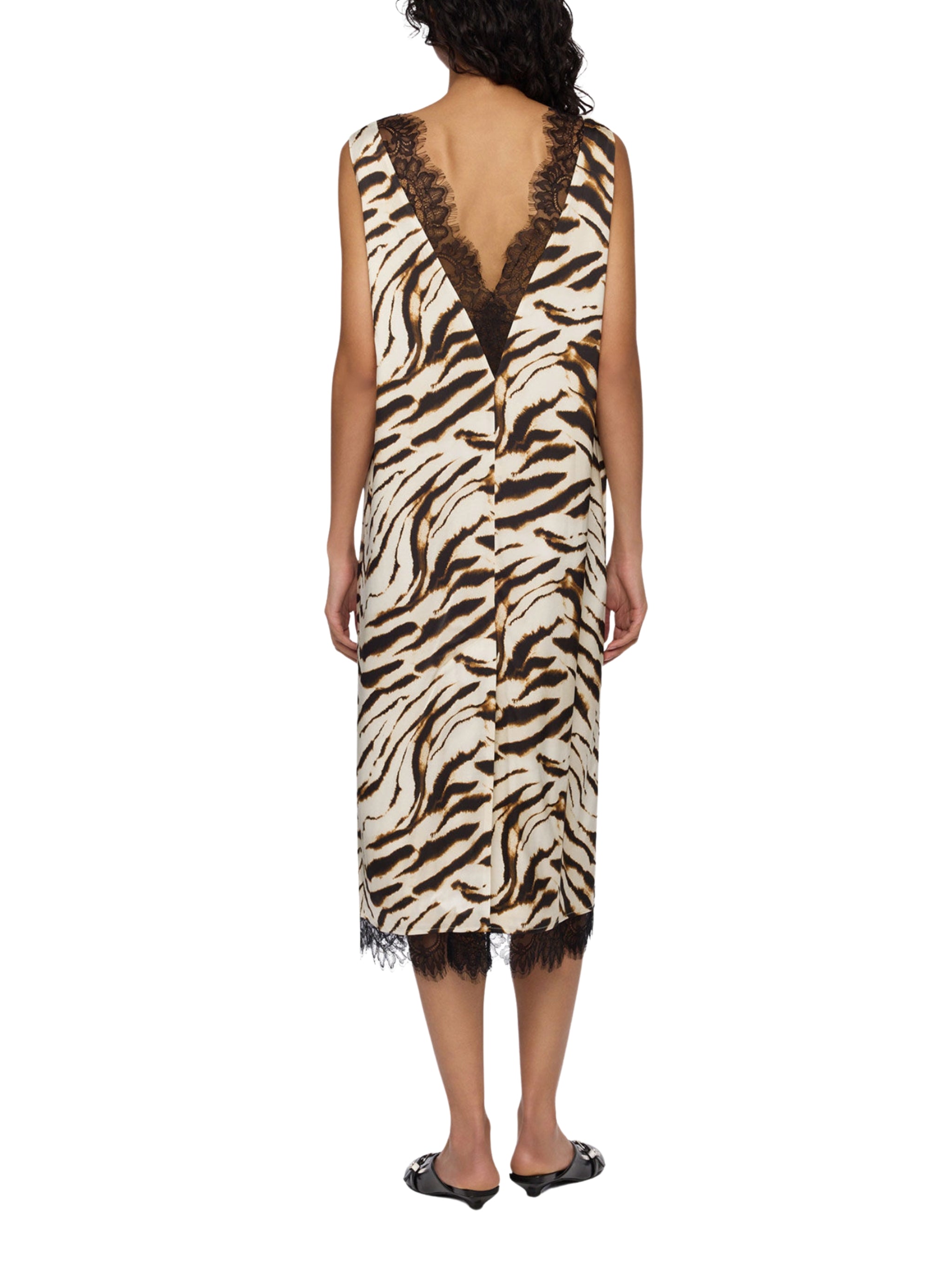 Printed stretch satin v-neck midi dress