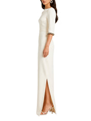 3/4 sleeve column gown with boat neckline
