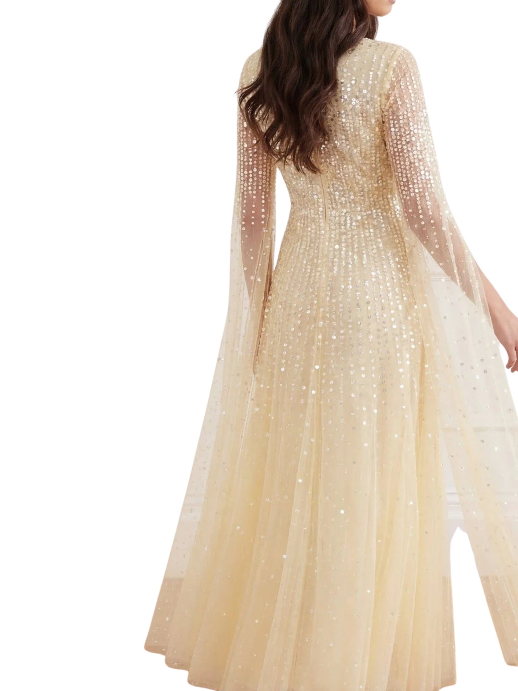 Moonlight sequin v-neck cape sleeve ankle gown